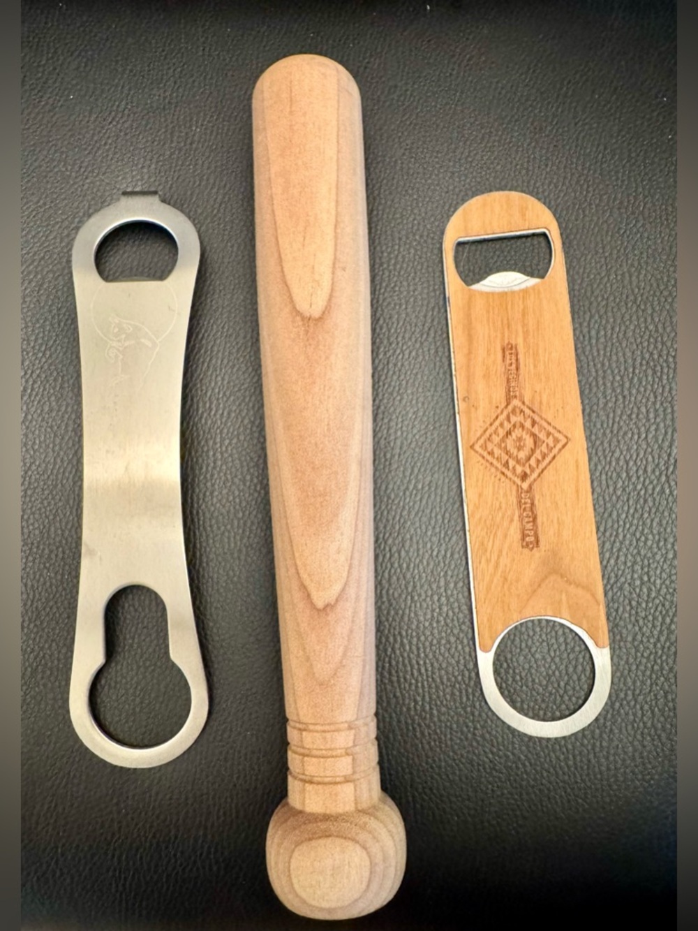 Vtg Cocktail Tools Wood and Stainless Steel, Bar Key, Speed Opener & Muddler.